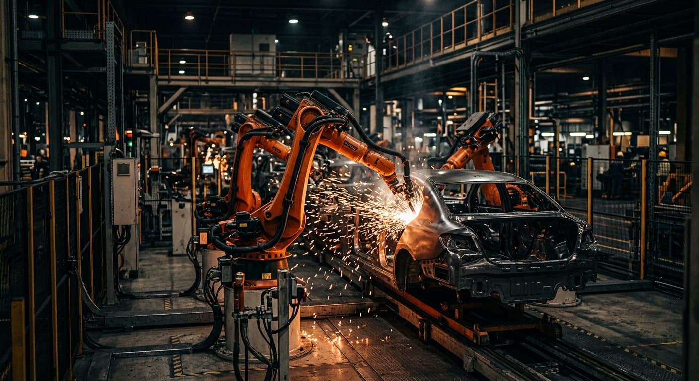 Robotic arms welding a car body on an automotive manufacturing line