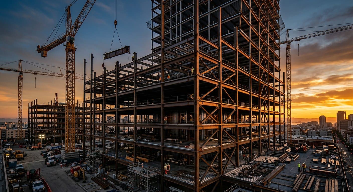 Steel framework of a building under construction with cranes at golden hour