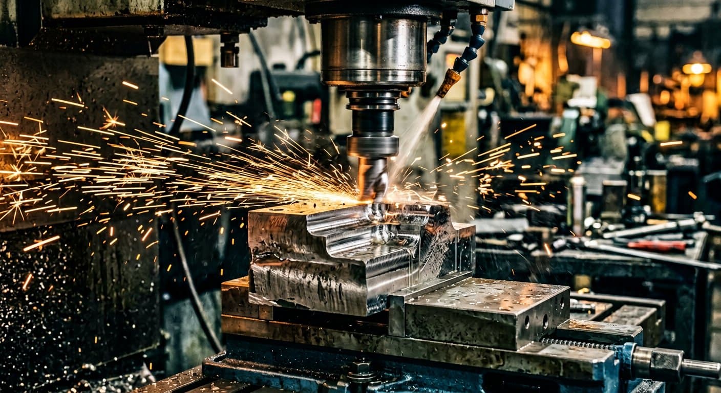 CNC machine cutting steel with sparks in a precision engineering workshop