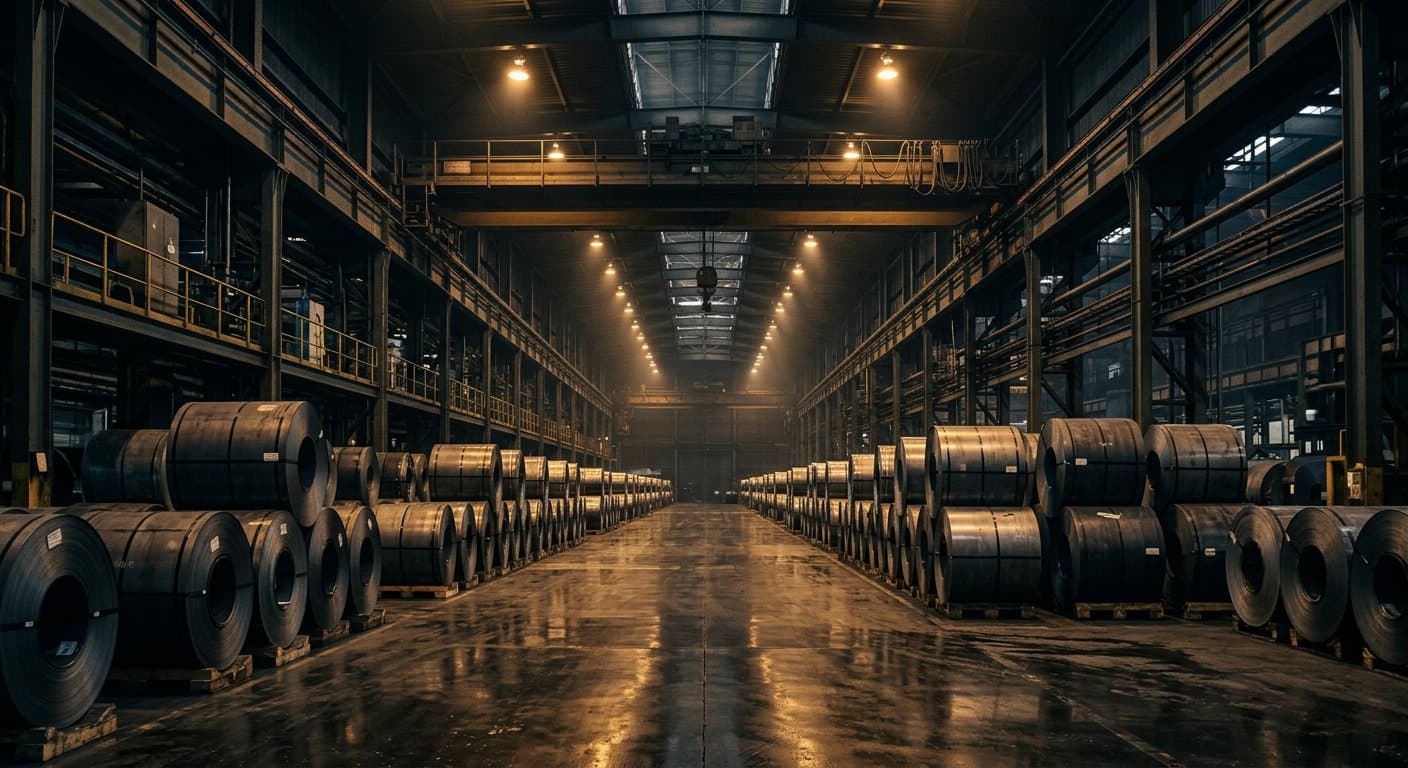 Steel coils staged for inspection and dispatch — representative infrastructure imagery