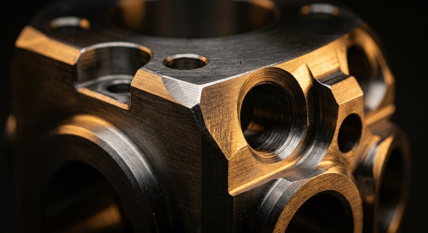 Precision CNC-machined steel component with circular bores