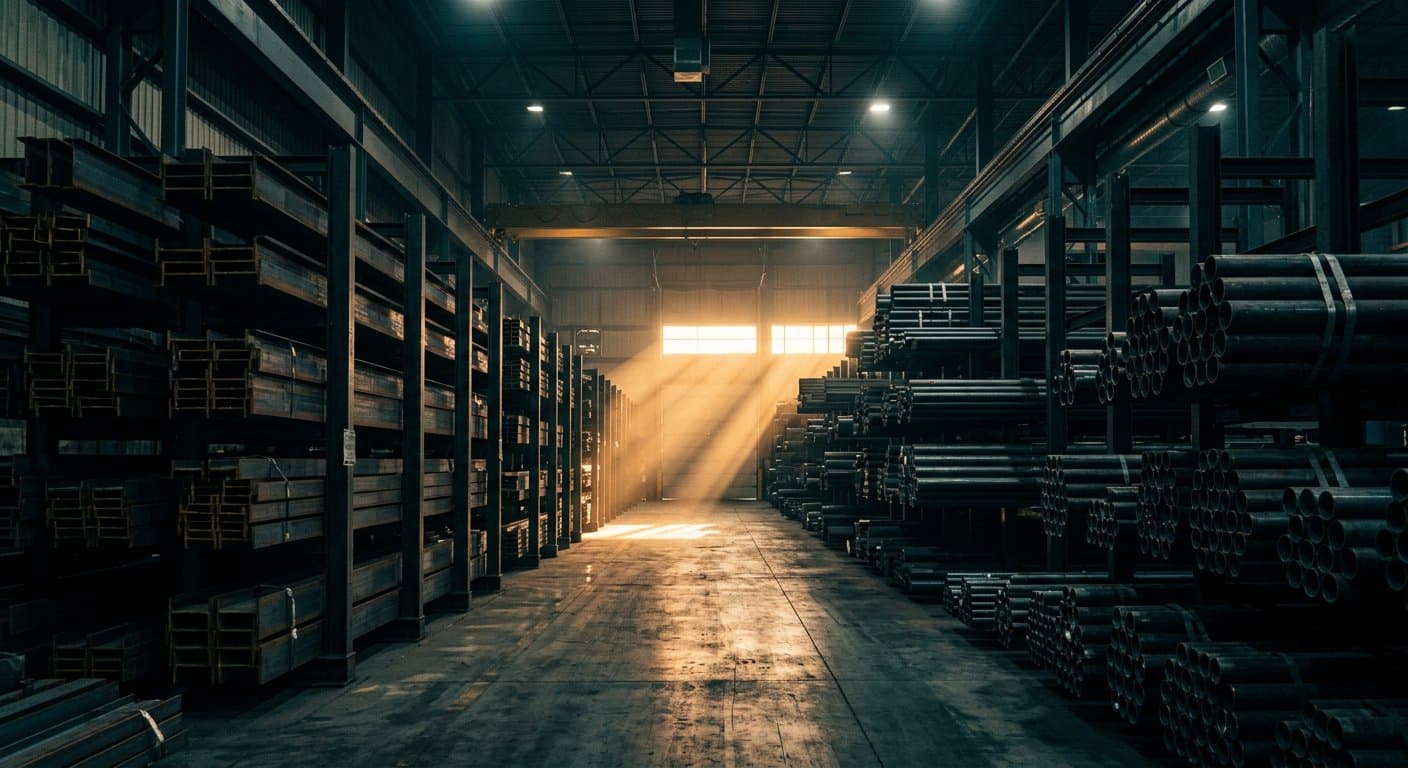 Stacked steel pipes and structural steel in an industrial warehouse